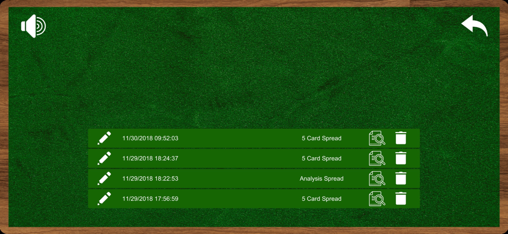 Una lista de tiradas de tarot guardadas que muestran fechas y tipos de lecturas sobre un fondo verde.