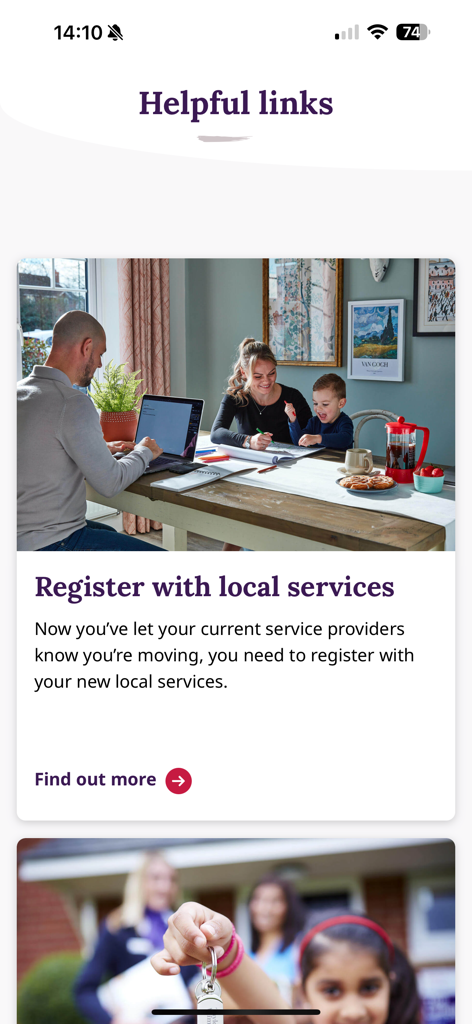 Taylor Wimpey Touchpoint app interface showing helpful links and a guide for registering with local services during a move