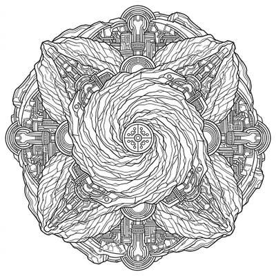 Explore a mesmerizing fusion of nature and technology with this intricate Cyberpunk Cliffs Mandala coloring page. Its perfectly symmetrical design features rugged rock formations seamlessly integrated with futuristic wires and glowing (uncolored) neon details.