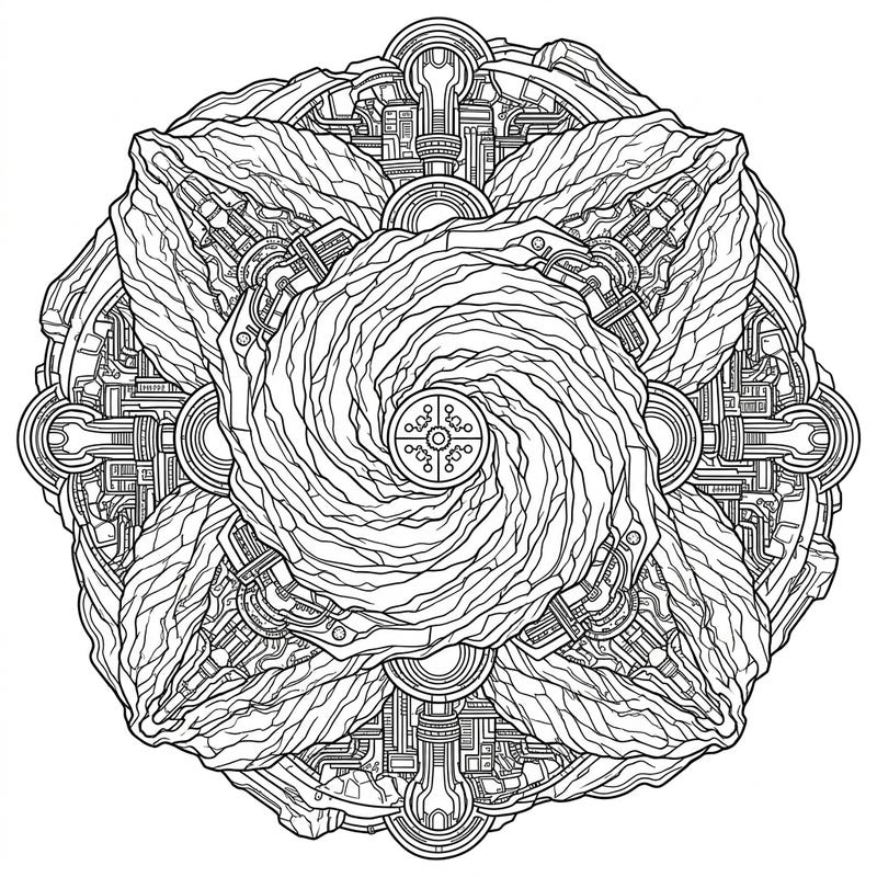 Explore a mesmerizing fusion of nature and technology with this intricate Cyberpunk Cliffs Mandala coloring page. Its perfectly symmetrical design features rugged rock formations seamlessly integrated with futuristic wires and glowing (uncolored) neon details.