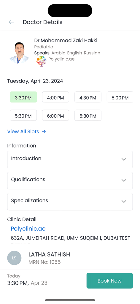 Mobile application screen showing a pediatric doctor profile with available time slots and a book now button