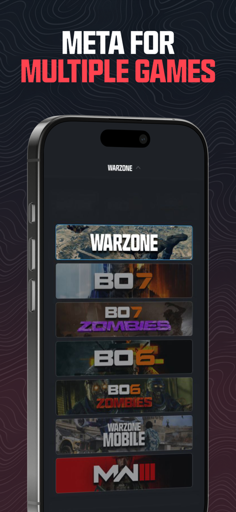 Warzone Meta & Loadout - BO7 - Mobile app screen showing meta loadouts for various Call of Duty games