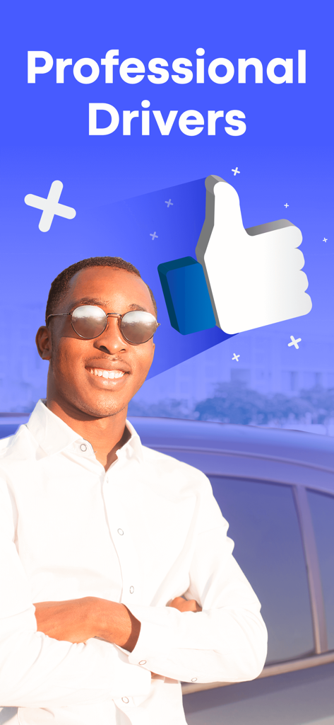 Un conductor profesional sonriente con camisa blanca y gafas de sol con un gran ícono de pulgar hacia arriba.