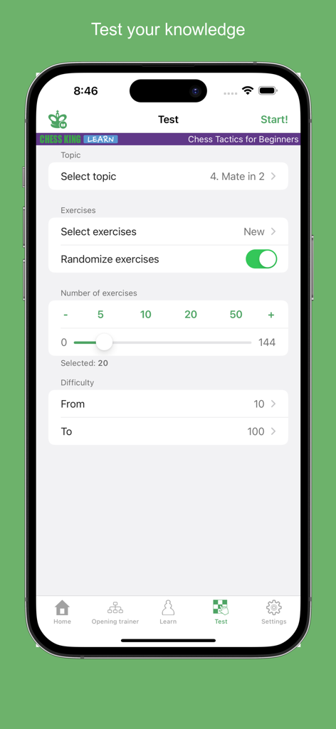 Chess King - Learn to Play - Testkonfigurationsbildschirm in der Chess King App mit Einstellungen für Rätselthemen, Übungen und Schwierigkeitsgrade