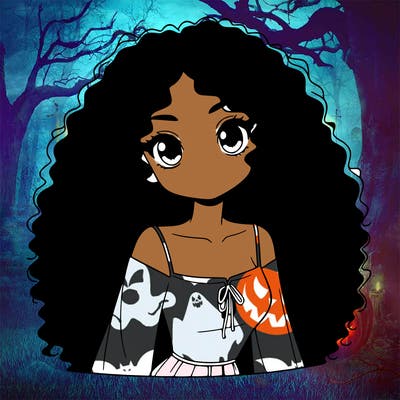 a black anime girl with long afro hair