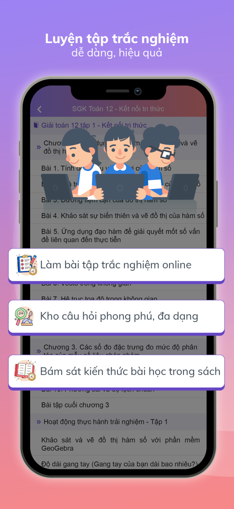 Screen of the Loigiaihay app displaying multiple choice practice features and lesson lists for the Vietnamese curriculum