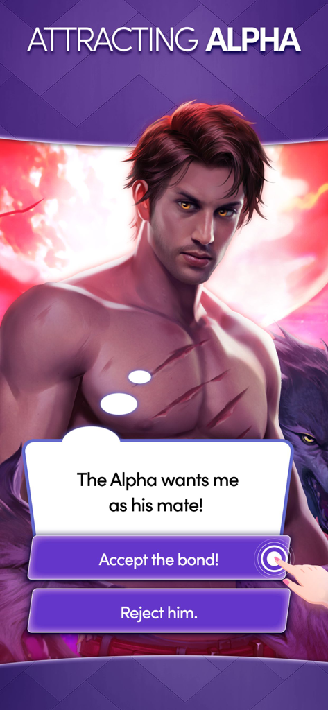 A screen from Chapters Interactive Stories showing a supernatural romance game where a player chooses to accept or reject a werewolf alpha as their mate.