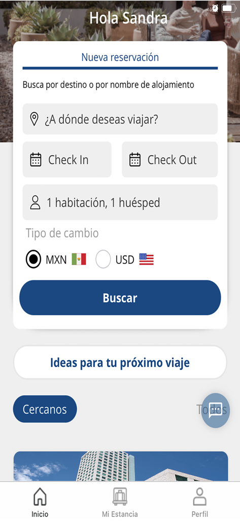 Hotel reservation search screen in the Fiesta Americana Travelty app with destination and date fields