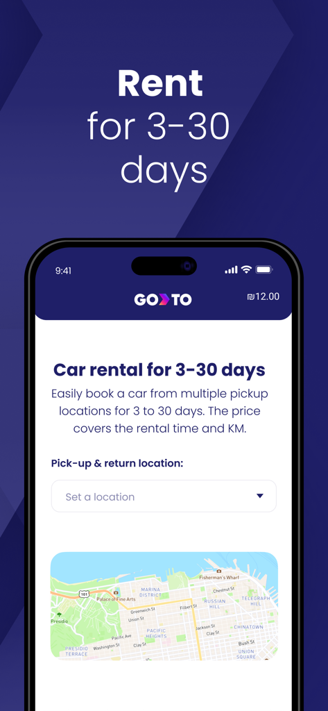 GoTo (CAR2GO) Shared Mobility - Un smartphone mostrando la página de alquiler de coches a corto plazo de la app GoTo para tres a treinta días