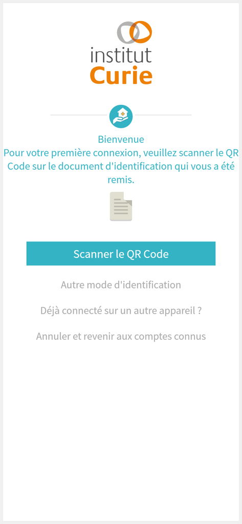 myCurie - Welcome screen of the myCurie app by Institut Curie showing the QR code login option