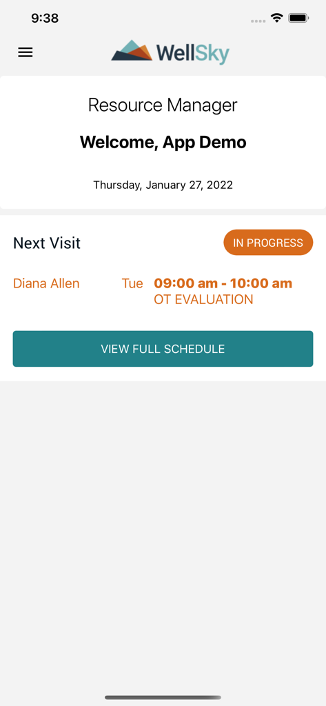 WellSky Resource Manager dashboard showing the next scheduled patient visit and appointment status