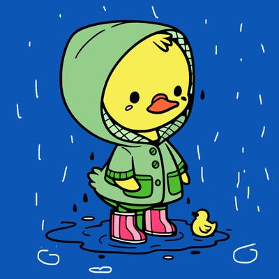 baby duck in a rain coat and boots, in a puddle while it’s raining