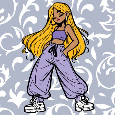 girl in baggy pants crop top and long hair