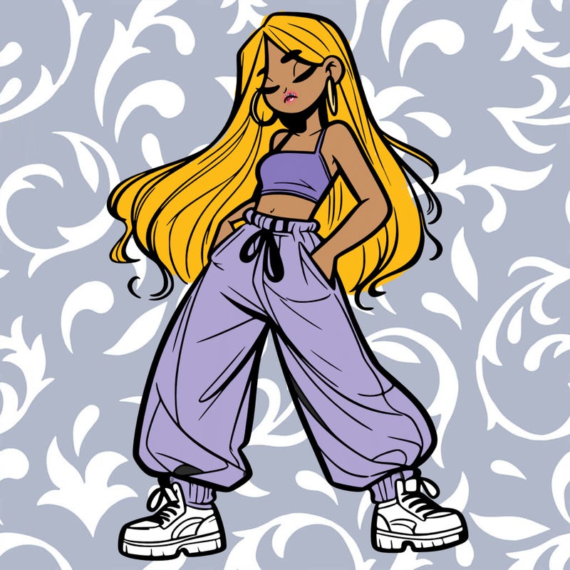girl in baggy pants crop top and long hair