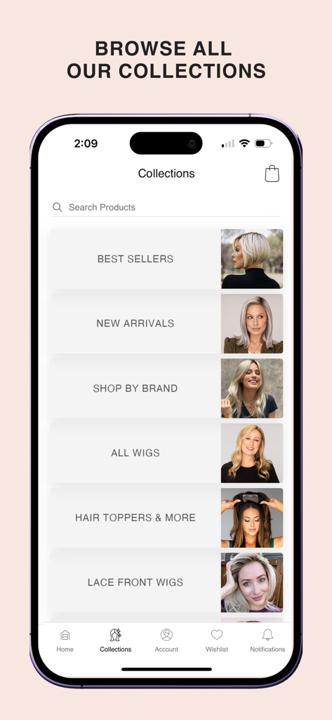 Wigs.com - Screenshot of the Wigs.com app Collections screen showing shopping categories including best sellers and lace front wigs