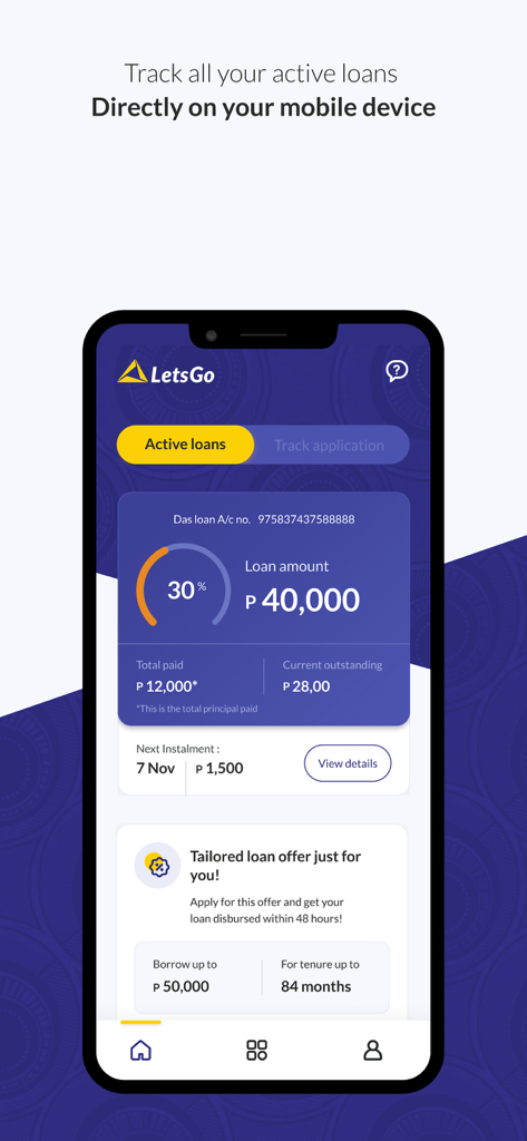 LetsGo Powered by Letshego - Mobile app dashboard showing active loan progress and repayment status for LetsGo