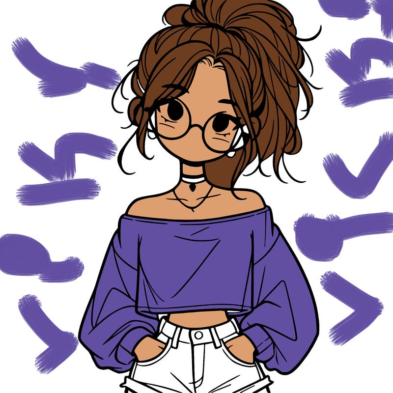 girl with a messy ponytail glasses a baggy crop top and jean shorts