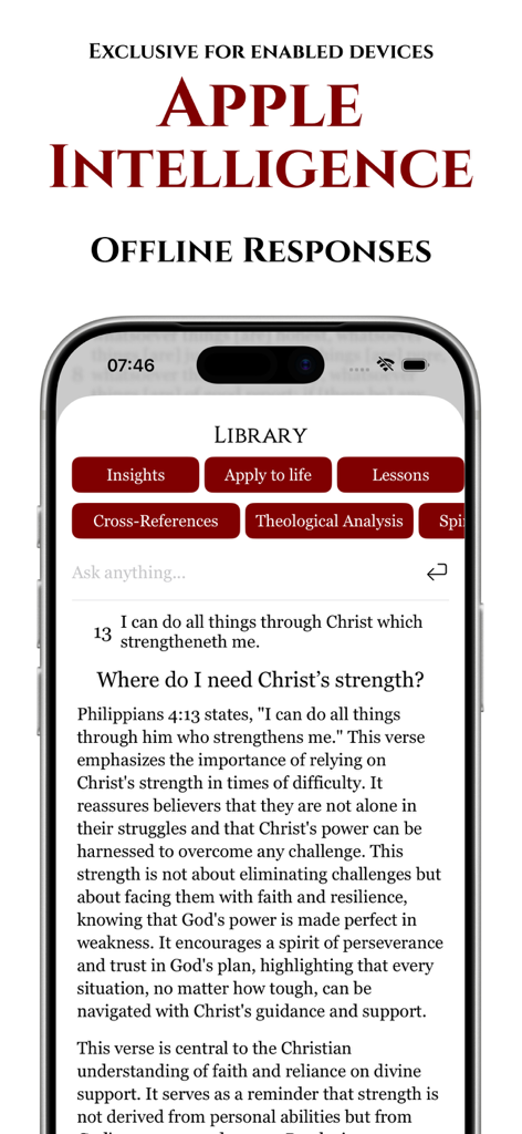 Biblearn+™ KJV: AI Bible Study - Biblearn app interface displaying AI powered verse analysis and offline response features integrated with Apple Intelligence.