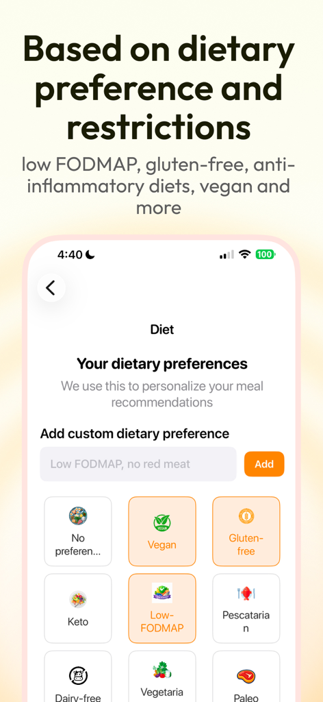 Meal Plan Identifier - Foojy - Interfaz de la aplicación Foojy que muestra la selección de preferencias dietéticas para dietas veganas, sin gluten y keto