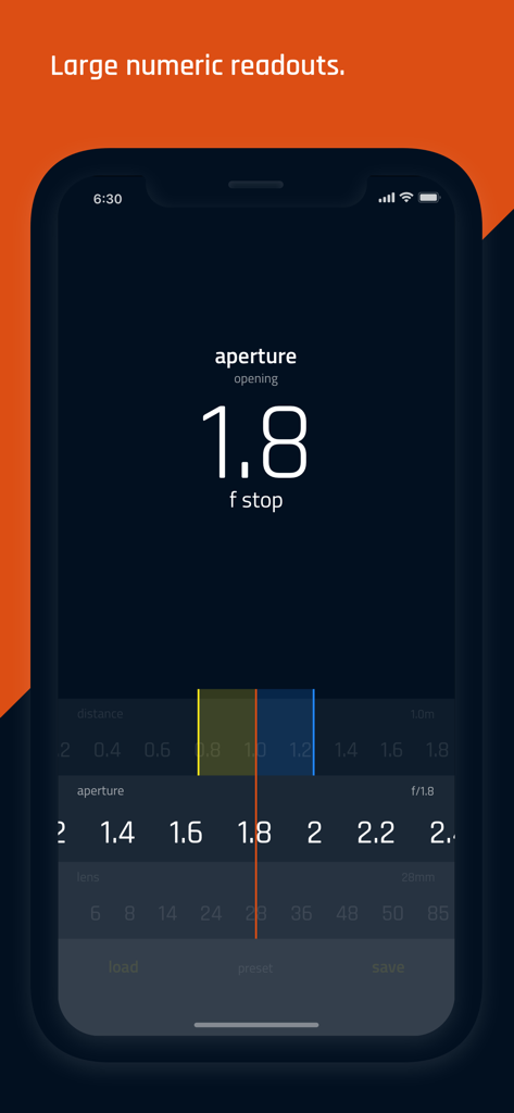 DOF Pro - Interfaz de la aplicación móvil DOF Pro con una gran lectura de apertura f-stop y deslizadores de ajuste