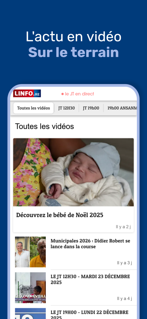 Interfaz de la aplicación móvil Linfo que muestra un feed de noticias de video con historias locales de La Reunión, incluidas repeticiones de noticias e informes destacados
