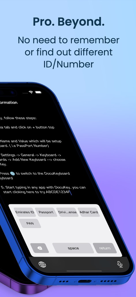 Paste : Copy keyboard - A mobile interface showing a custom keyboard with shortcut buttons for ID and passport numbers.