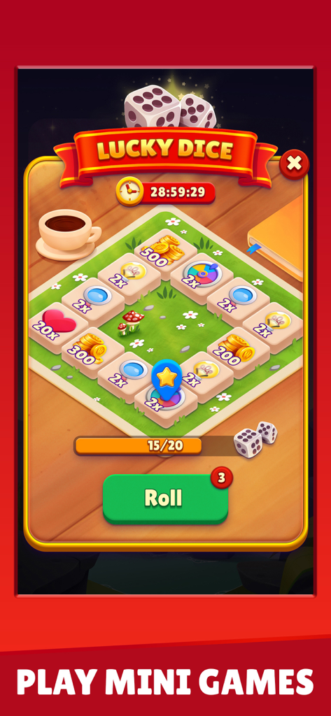 Word Universe Lucky Dice Mini-Spielbildschirm mit einem Brett mit Belohnungen und einer Würfeltaste