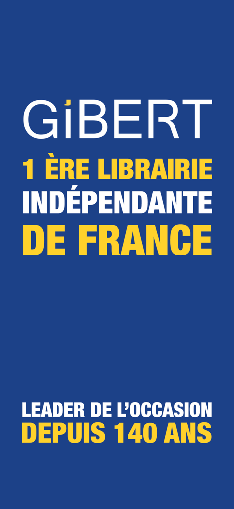 Gibert Je Vends app intro screen displaying the brand as the first independent bookstore in France and leader in second hand products for 140 years