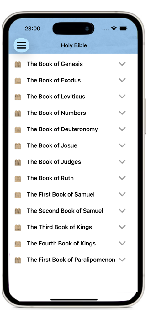 Catechism of the Catholic - Mobile screen showing a list of books of the Holy Bible within the Catechism of the Catholic app including Genesis and Exodus.
