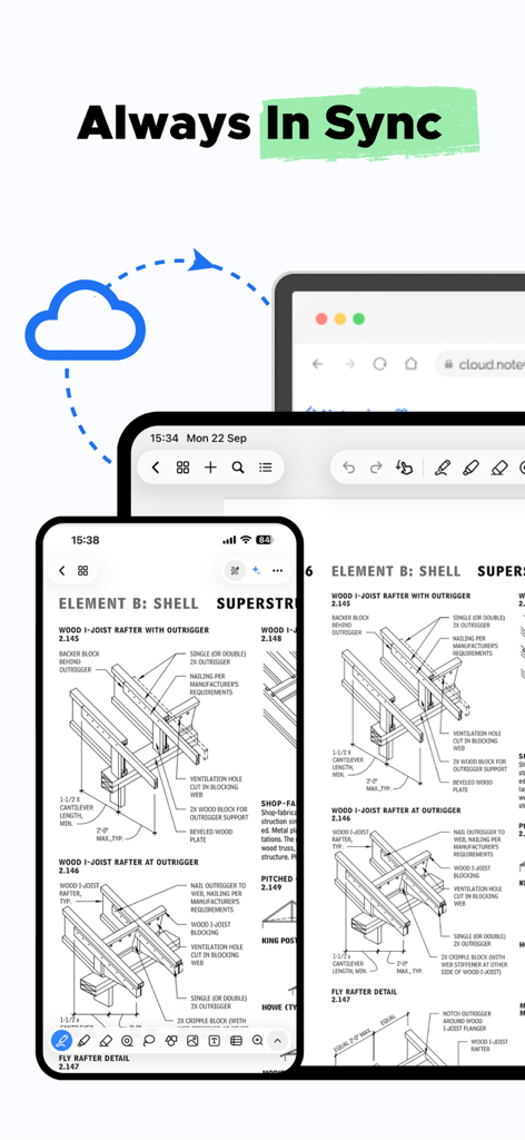 La aplicación Notewise demostrando sincronización en la nube en iPhone, iPad y navegador web con un diagrama técnico de vigas.