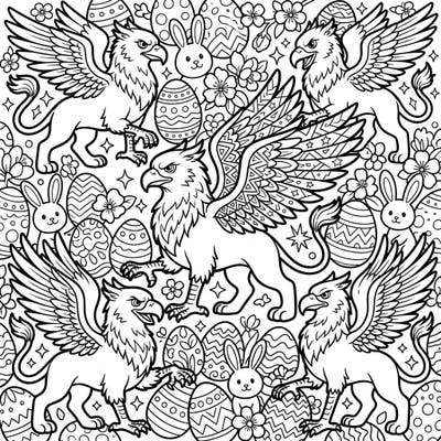 This vibrant coloring page features powerful griffins reimagined in a dynamic Pop Art style, surrounded by festive Easter eggs, adorable bunnies, and blooming spring flowers. Dive into a unique holiday celebration where mythical creatures meet modern art, perfect for an engaging creative activity.