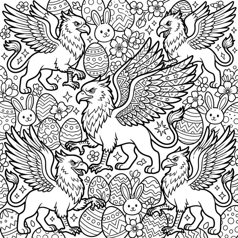 This vibrant coloring page features powerful griffins reimagined in a dynamic Pop Art style, surrounded by festive Easter eggs, adorable bunnies, and blooming spring flowers. Dive into a unique holiday celebration where mythical creatures meet modern art, perfect for an engaging creative activity.