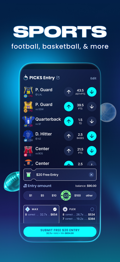 Sleeper app interface displaying a sports picks entry with player predictions and real money gaming options