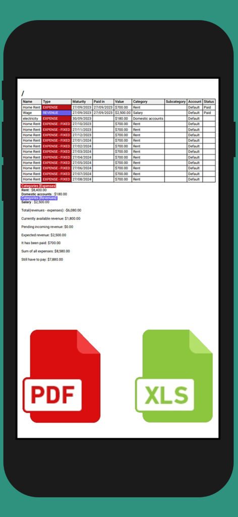 Easy Money Manager - Bildschirm mit Finanzberichten, der eine detaillierte Tabelle monatlicher Ausgaben und Optionen zum Exportieren als PDF- oder XLS-Dateien anzeigt.