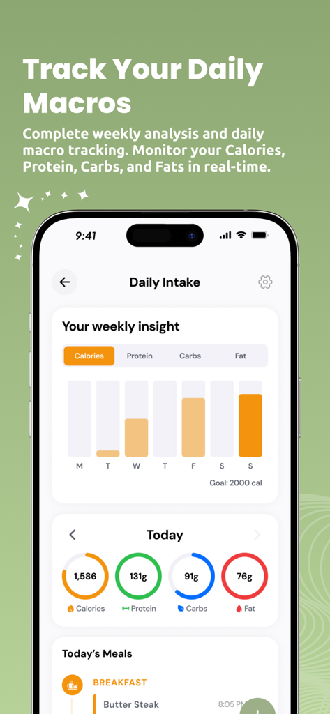 Menu Order AI: Find GLP1 Meals - A mobile app interface displaying daily calorie and macro tracking for a health conscious user