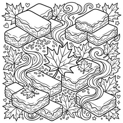 Immerse yourself in a cozy autumn scene featuring an abundance of delicious maple bars, intricately detailed and ready for your creative touch. This full-scene coloring page is packed with charming elements like maple leaves and sweet sprinkles, offering a delightful and engaging artistic escape.