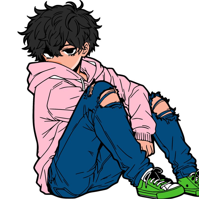 a male hoddie ripped jeans messy hair anime