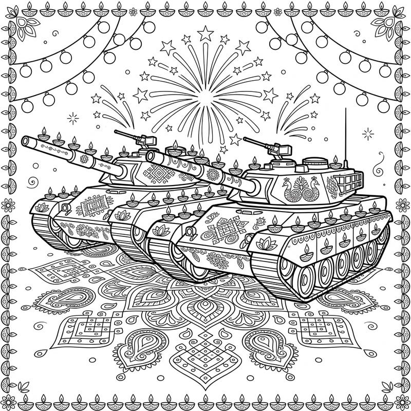 Experience an extraordinary blend of power and celebration with our Diwali Military Tanks coloring page. Adorn these detailed vehicles with vibrant colors, bringing the spirit of the festival of lights to life in a truly unique scene.