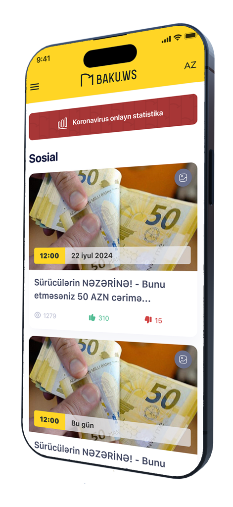Baku.Ws Xəbər Agentliyi - Baku.Ws news app interface displaying a social news feed with articles in Azerbaijani and traffic fine notifications