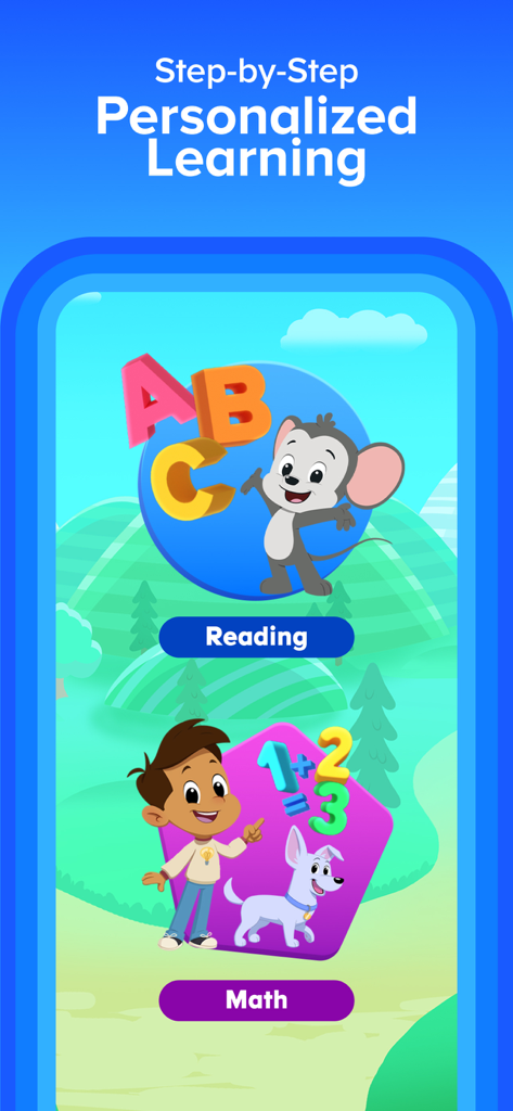 ABCmouse: Kids Learning Games - Interfaz de ABCmouse que muestra módulos de aprendizaje paso a paso personalizados para lectura y matemáticas.