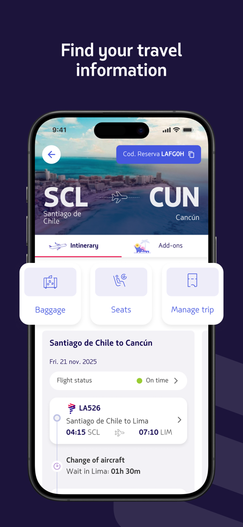 LATAM: Flights, Hotels, Cars - LATAM app screen displaying flight details from Santiago to Cancun including flight status and baggage options