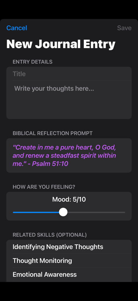 Faith Based CBT Tools - Uma nova tela de entrada de diário no aplicativo Faith Based CBT Tools com um prompt de reflexão bíblica e um controle deslizante de humor