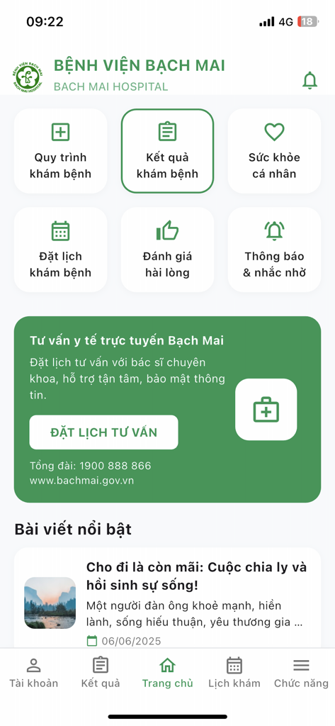 Bach Mai Care app home screen showing features like appointment booking and medical test results in Vietnamese