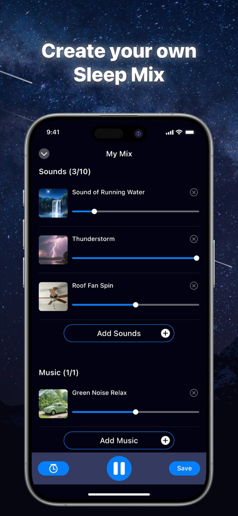 Sleep Sound: Relax White Noise - Interface of the Sleep Sound app showing the Create your own Sleep Mix feature with volume sliders for running water, thunderstorm, and fan sounds.