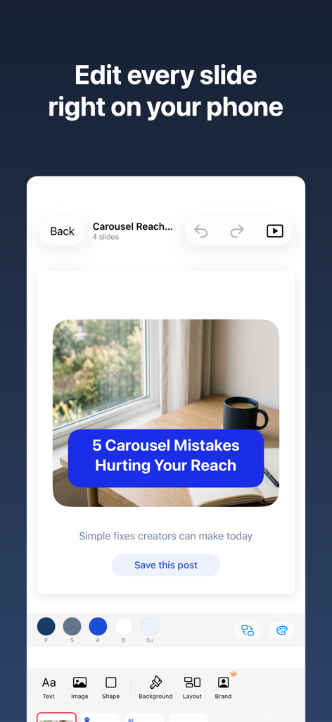 Carousel: AI Posts for Insta - Bearbeiten einer Social-Media-Karussell-Folie auf einem Smartphone mit der Carousel-App.
