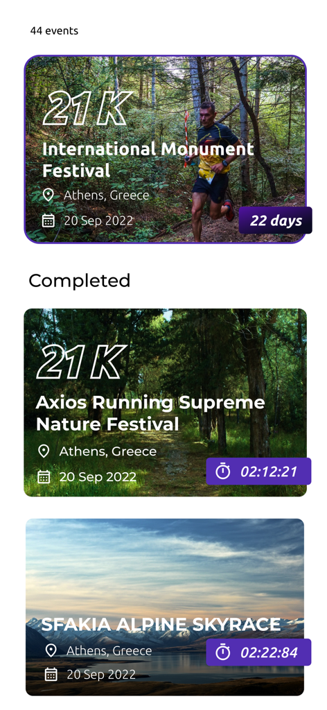 Pace Sports - Interface of the Pace Sports app showing a list of upcoming and completed running races with dates and finish times