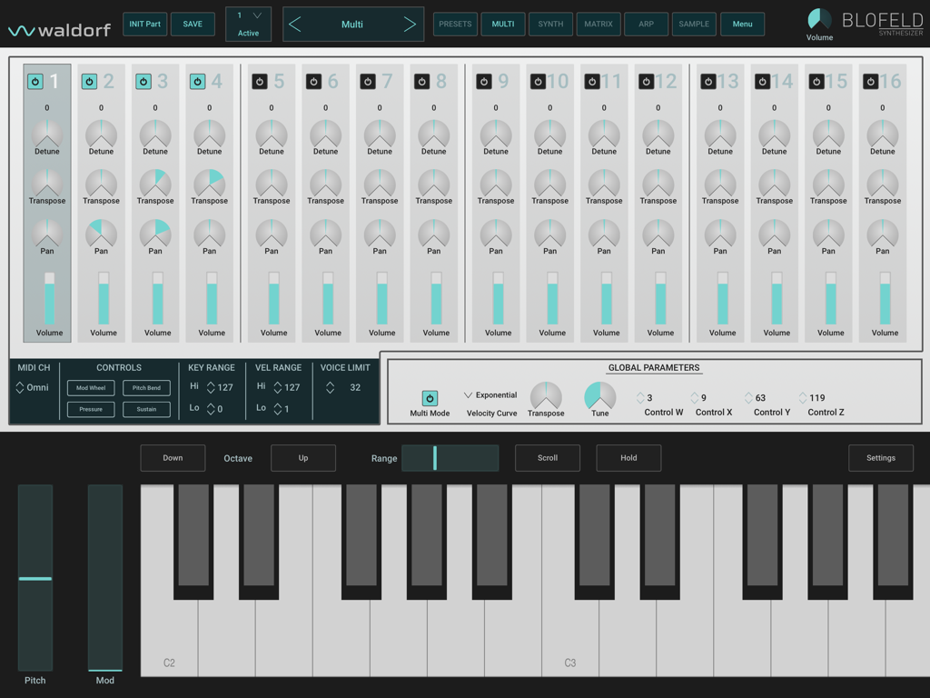 Blofeld - Multi-mode mixer interface of the Waldorf Blofeld synthesizer app featuring 16 instrument channels and a virtual piano keyboard