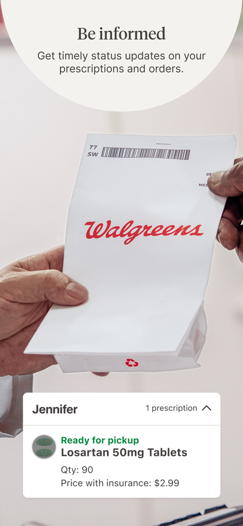 A person receiving a Walgreens prescription bag with an app notification overlay showing a prescription ready for pickup