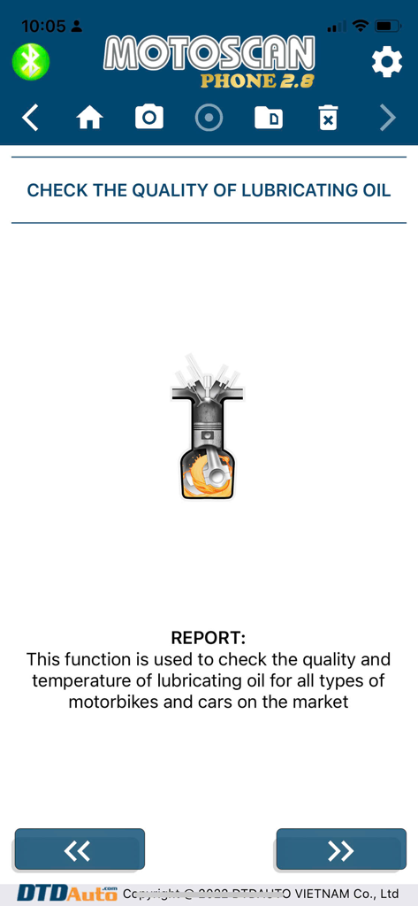 Motoscan Phone app interface displaying the lubricating oil quality and temperature diagnostic feature for motorcycles and cars.