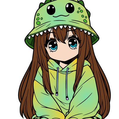 girl with anime shaped eyes with a dinosaur bucket hat oversized sweatshirt long straight hair